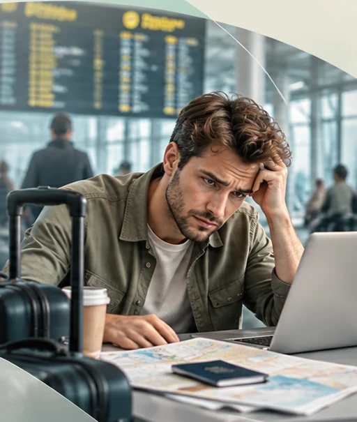 A stressed traveler at an airport table, planning treatment abroad alone with a laptop, map and passport
