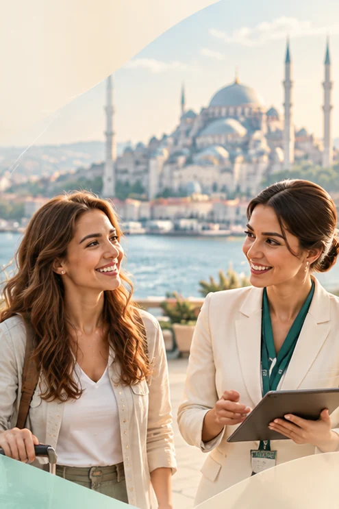 A smiling patient with a Vistara coordinator in Istanbul, with the Bosphorus and a mosque behind them