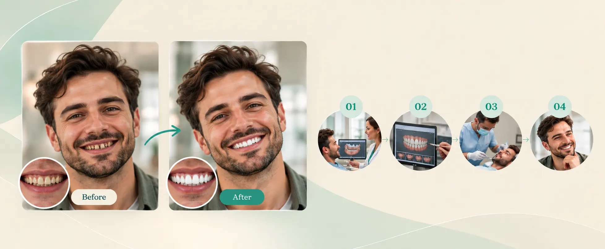 Dental care journey: before and after smile, with the four planning steps