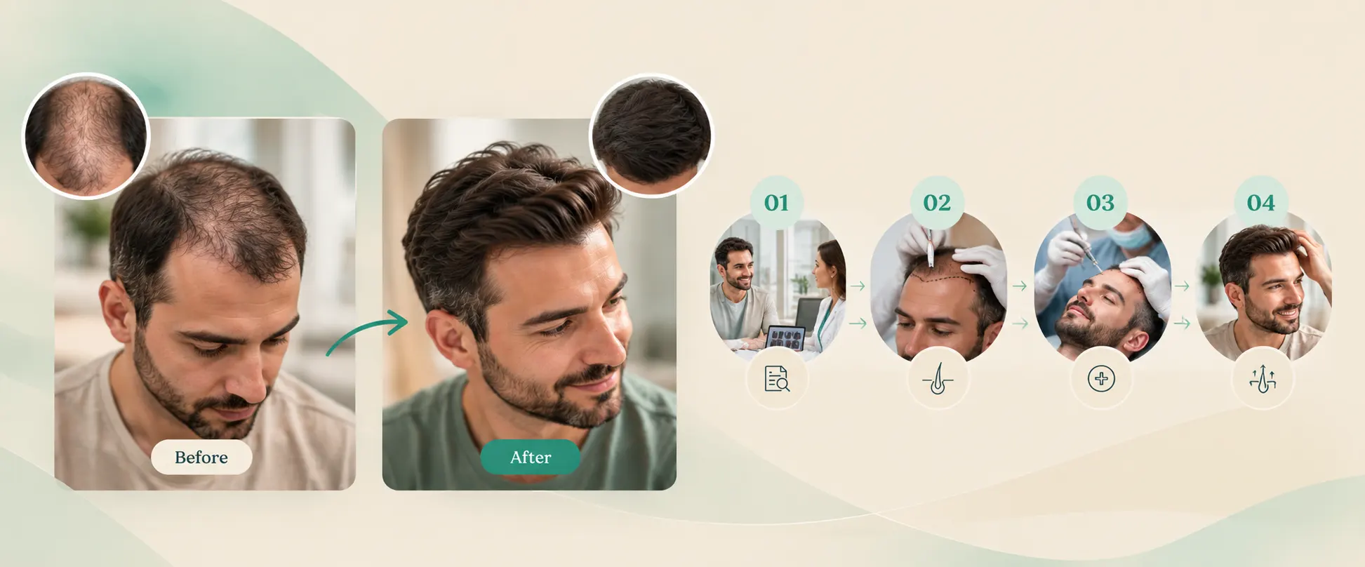 Hair restoration journey: before and after hairline, with the four planning steps