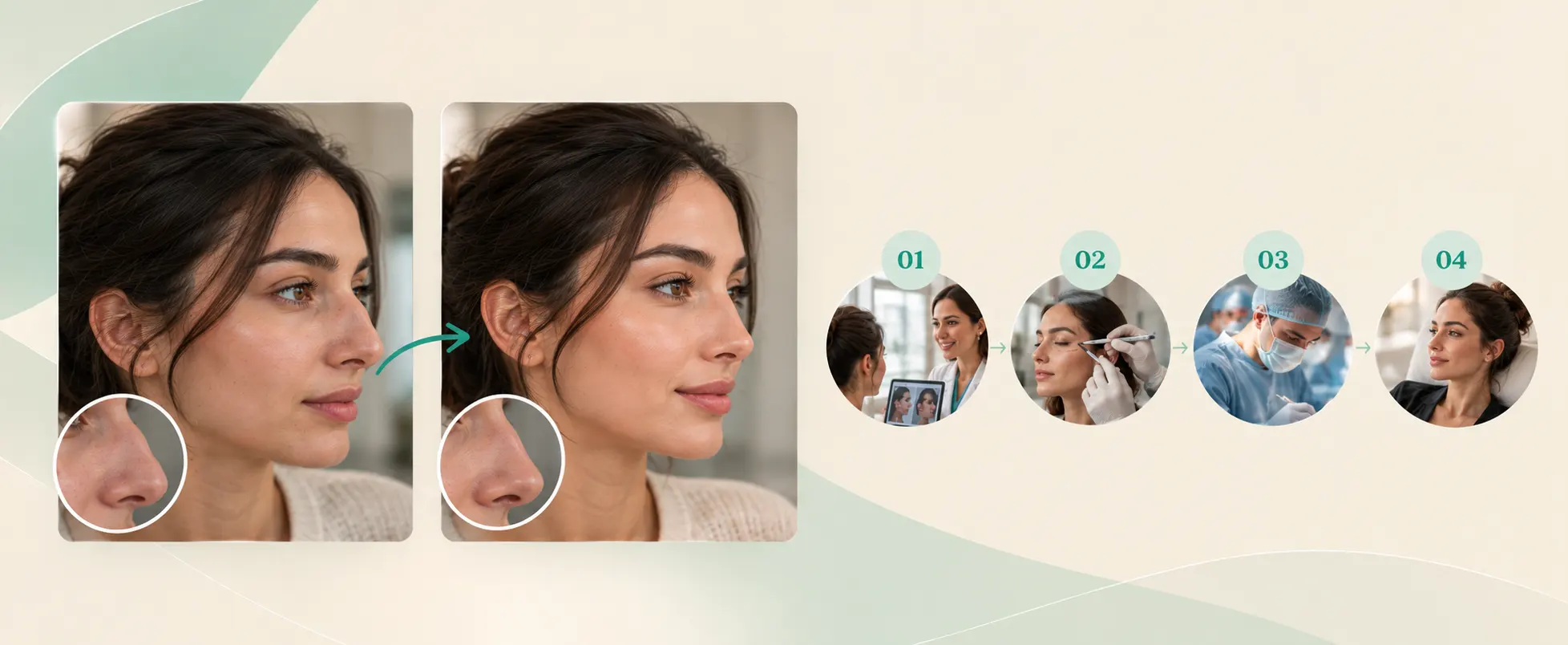 Rhinoplasty journey: before and after profile, with the four planning steps